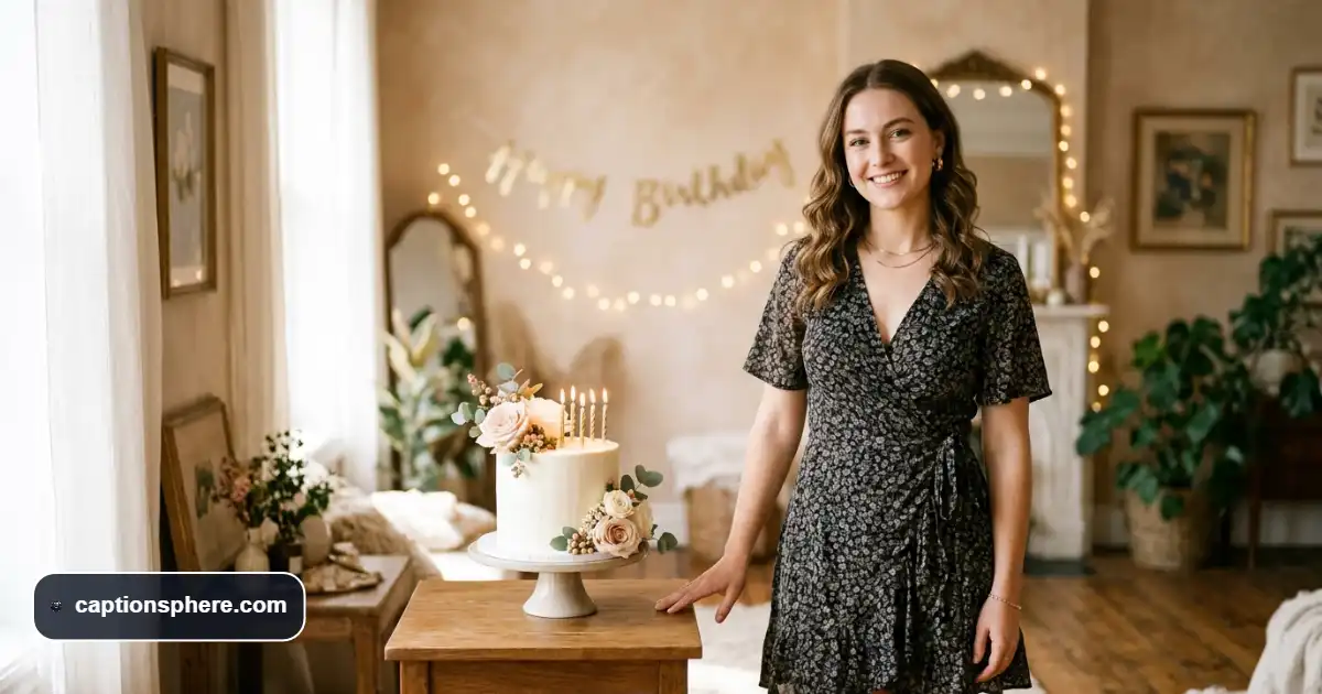 Young adult smiling beside birthday cake in a softly lit, elegant celebration setting.