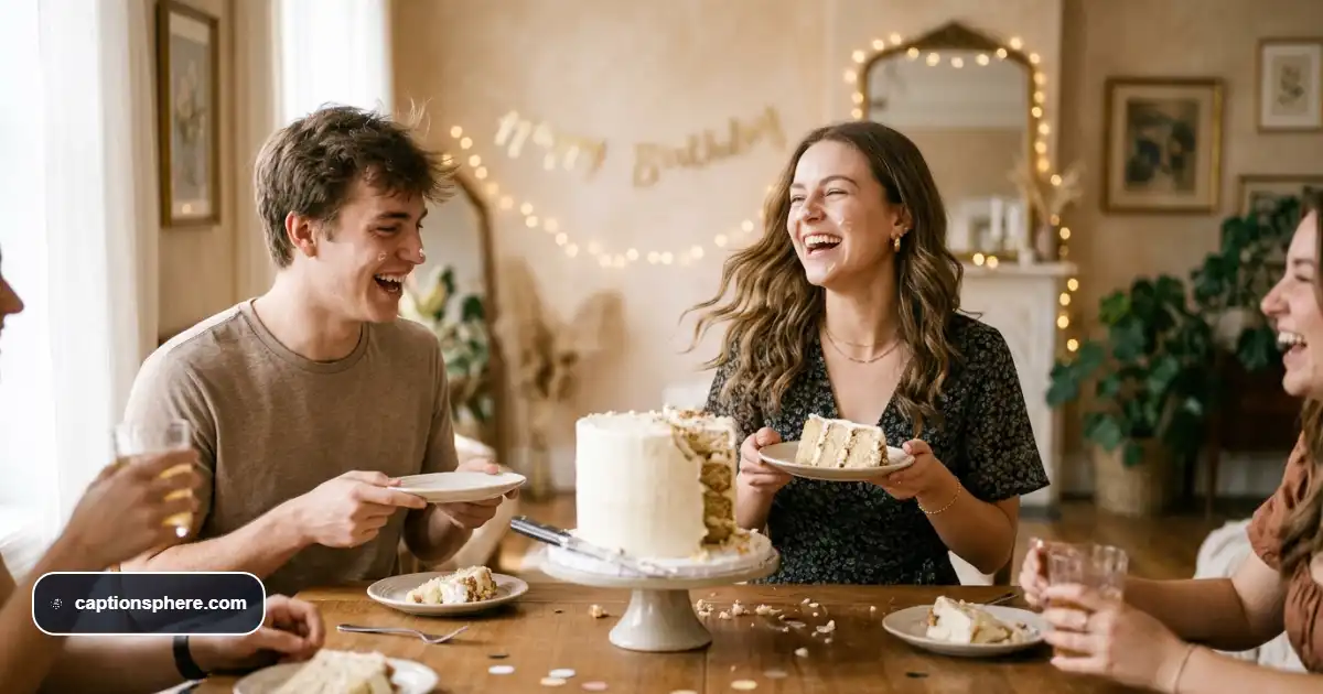 Young adult laughing beside a birthday cake during a relaxed twenty-second birthday celebration.