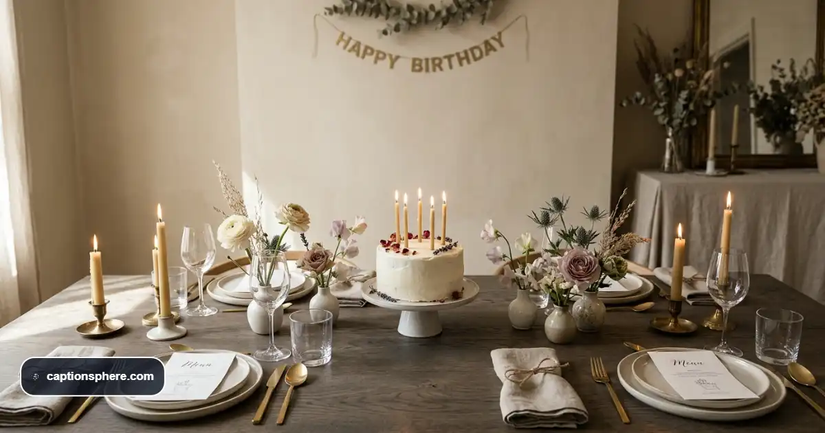 Elegant birthday dinner table with flowers, candlelight, a small cake and refined table settings.