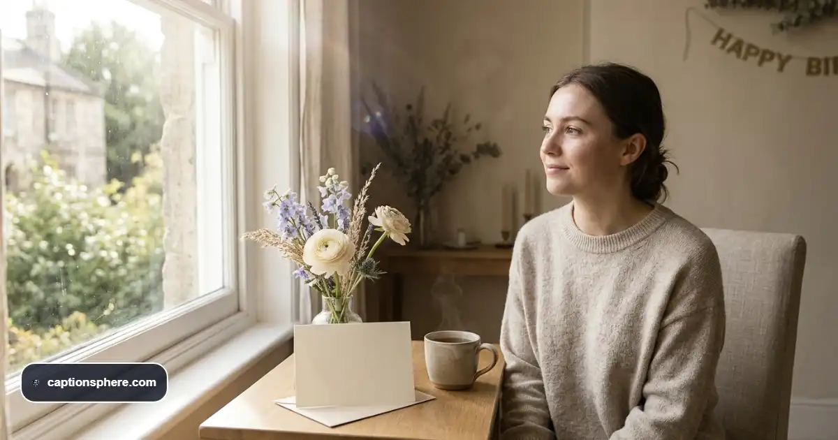 Young adult sitting beside a sunlit window with flowers and a birthday card during a quiet celebration.