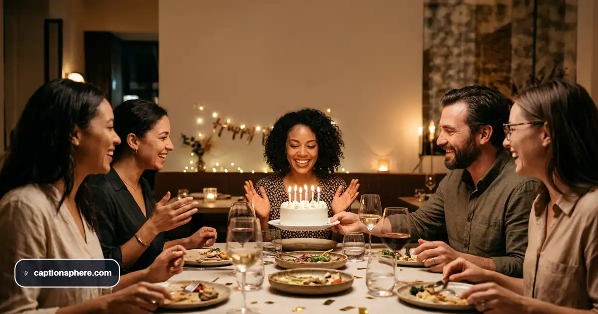 Small group of friends celebrating a birthday around a dinner table with cake and candles.