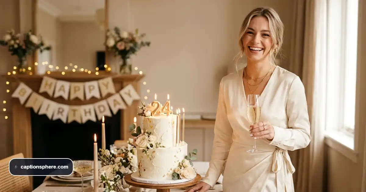 Young adult celebrating a 24th birthday with a cake, candles, and elegant party decorations.