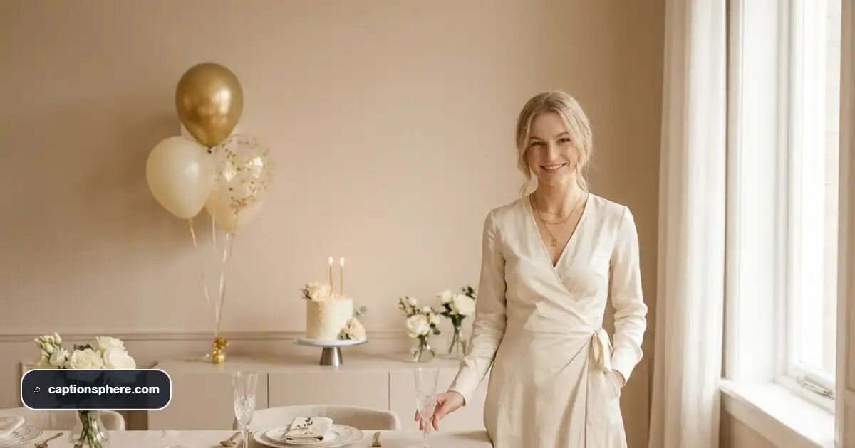 Confident young adult posing alone in a stylish birthday outfit beside a decorated table.