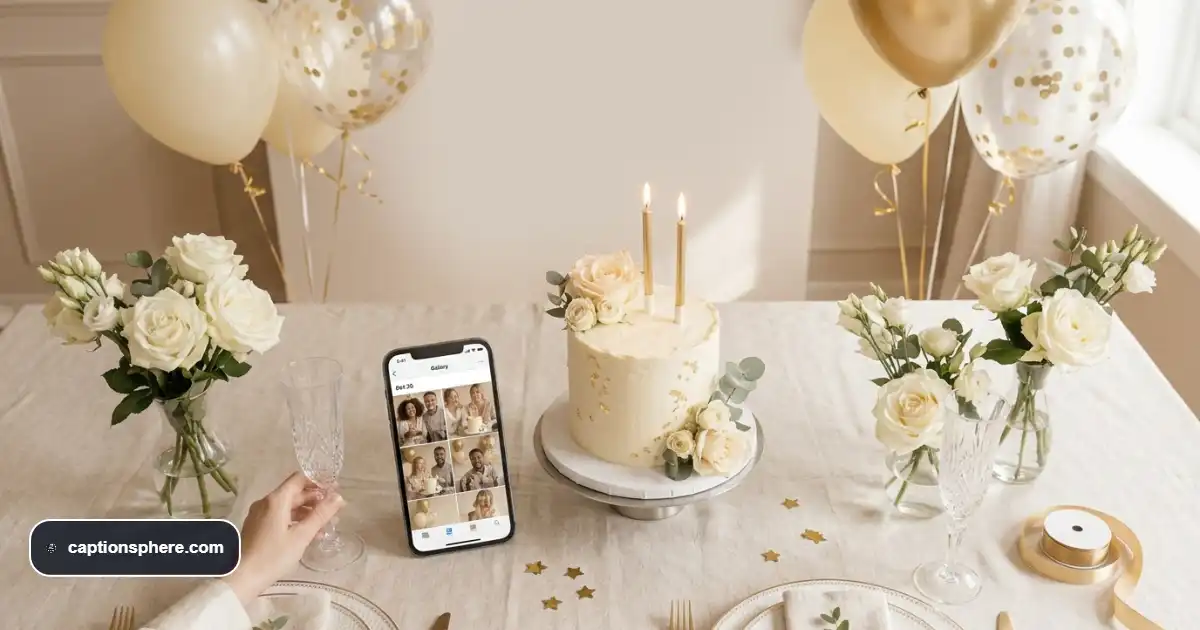 Birthday cake, phone displaying personal celebration photos, flowers, and party accessor