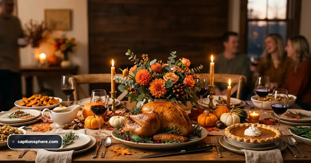 Festive Thanksgiving dinner table with roast turkey, pumpkin pie, autumn leaves, and warm candlelight.