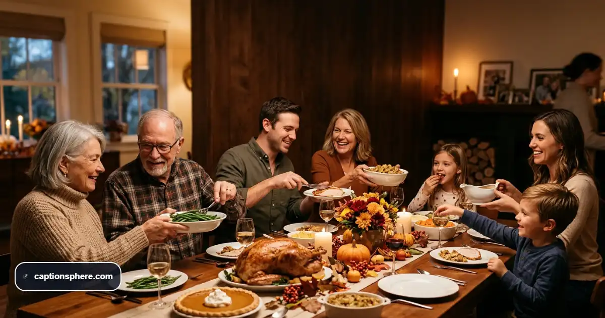 Family gathered around a beautifully set Thanksgiving table filled with traditional dishes.