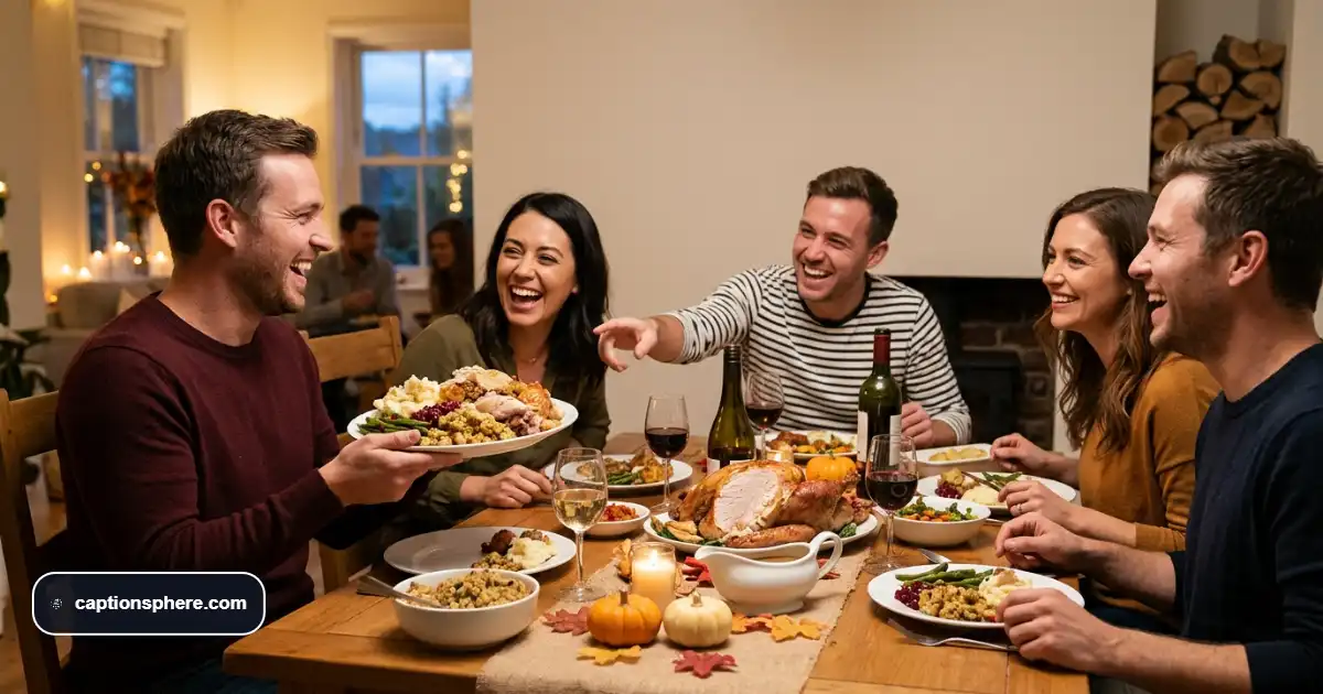 Friends laughing over an oversized Thanksgiving dinner plate in a cozy holiday dining room.