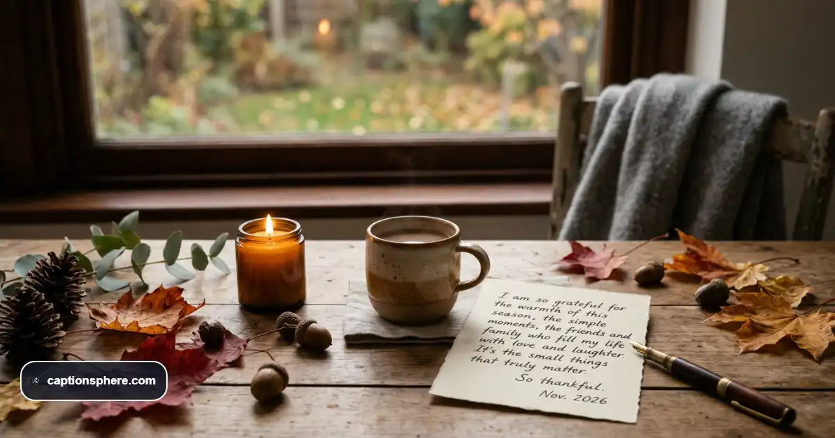 Hands resting beside a handwritten gratitude note and a warm cup on an autumn table.