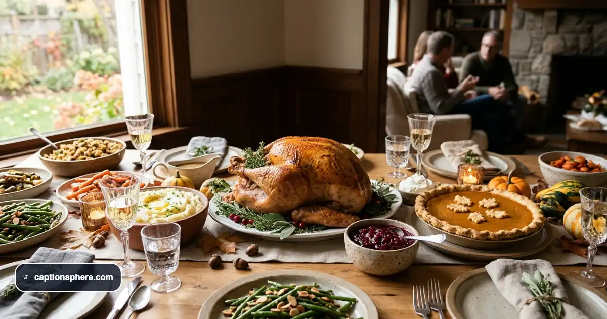 Golden roast turkey, pumpkin pie, cranberry sauce, and traditional sides arranged on a festive Thanksgiving table.