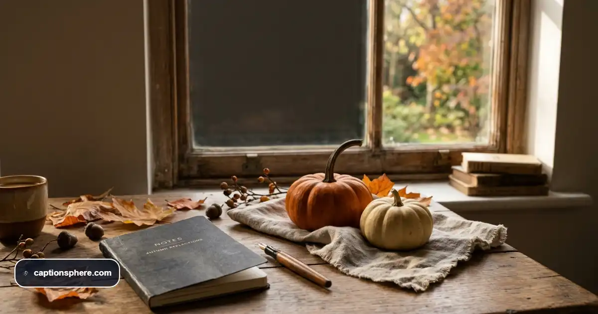 Cozy Thanksgiving details featuring amber leaves, small pumpkins, candlelight, and a notebook beside a window.