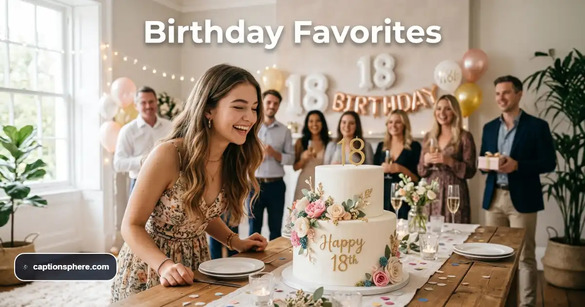 Young adult celebrating an eighteenth birthday beside a decorated cake in soft natural light.
